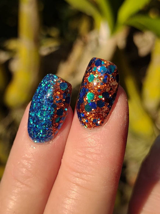 Copper Patina Duo Set - Holographic Blue Green Patina in a Fine Copper Glitter Dip / Acrylic Nail Dip Powder