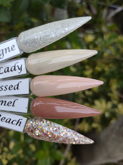 Nude beach Collection / Nude beach Glitter with Sunkissed, Carmel, Sparkling Champagne, Fair Lady Solids / Acrylic Nail Dip Powder