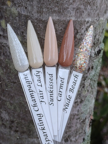 Nude beach Collection / Nude beach Glitter with Sunkissed, Carmel, Sparkling Champagne, Fair Lady Solids / Acrylic Nail Dip Powder