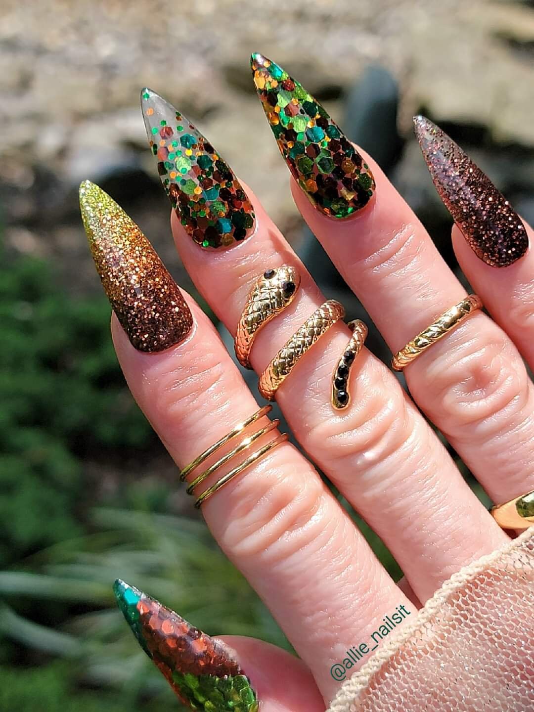 Dragon Daggers Set / Dragon Scales, Burnished Bronze, Copper Penny and Chartreuse Cooler Glitter Dips / Acrylic Nail Dip Powder