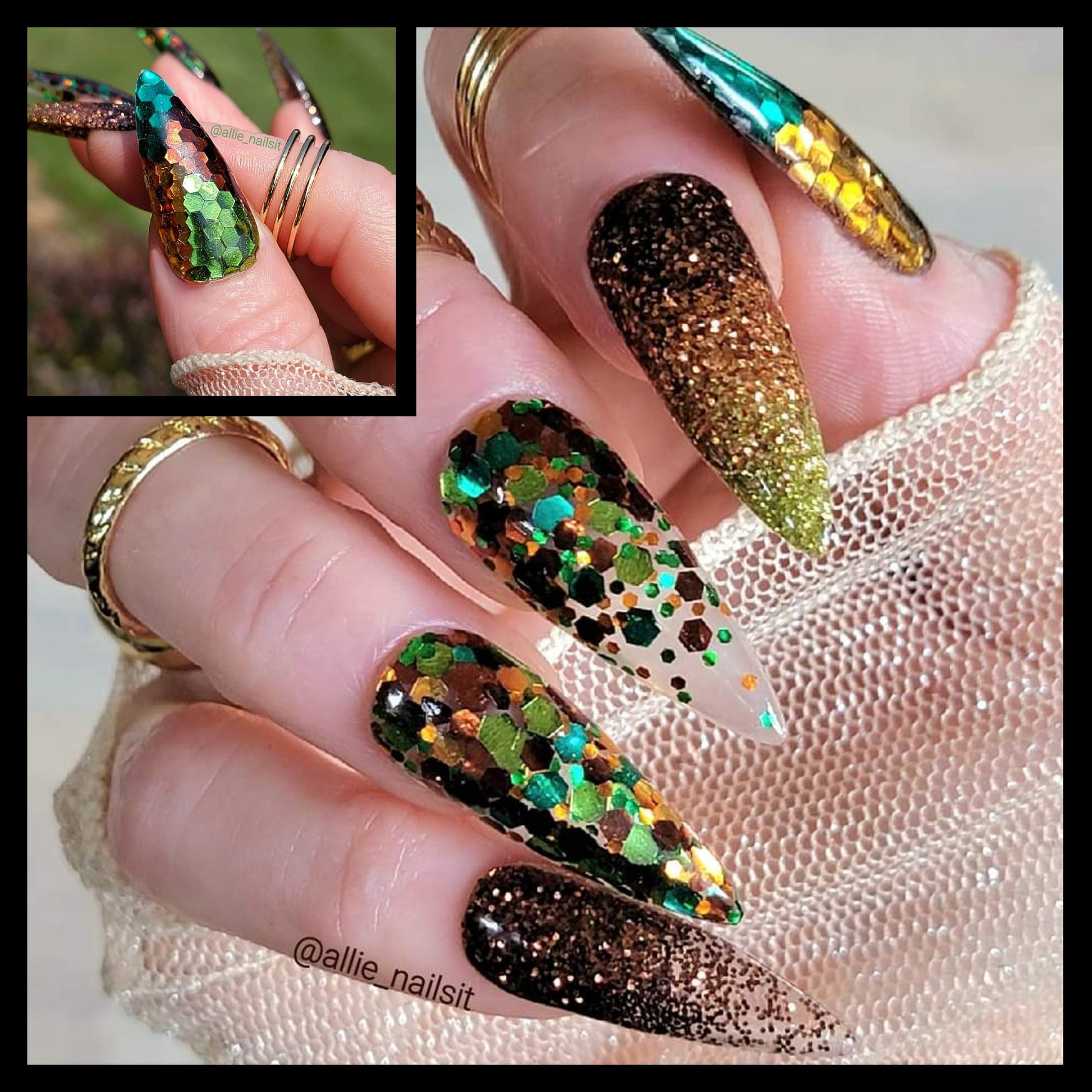 Dragon Daggers Set / Dragon Scales, Burnished Bronze, Copper Penny and Chartreuse Cooler Glitter Dips / Acrylic Nail Dip Powder