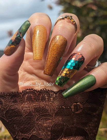 Dragon Treasures Set / Dragon Scales Glitter with Aspen, Fireside & Olive Branch Solid Dips / Acrylic Nail Dip Powder