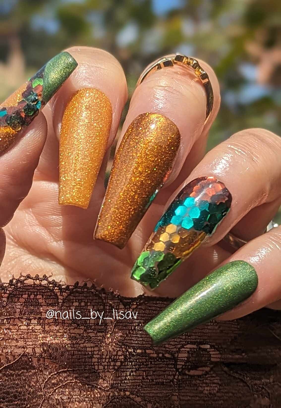 Dragon Treasures Set / Dragon Scales Glitter with Aspen, Fireside & Olive Branch Solid Dips / Acrylic Nail Dip Powder