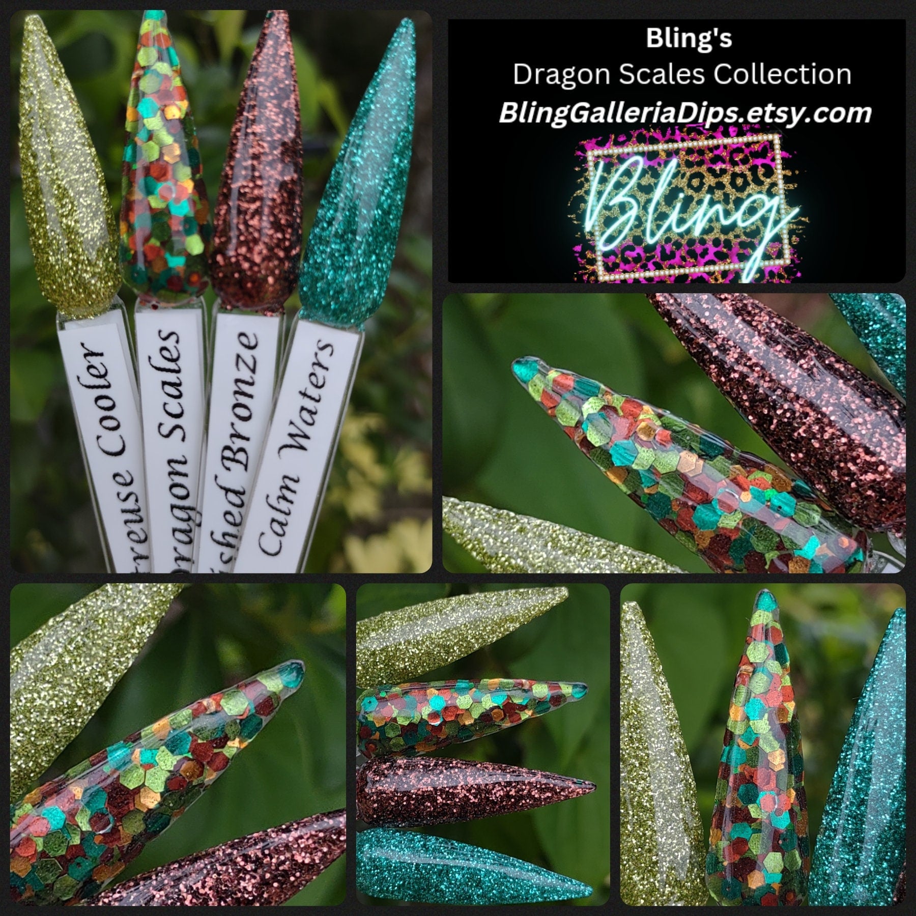 Dragon Daggers Set / Dragon Scales, Burnished Bronze, Copper Penny and Chartreuse Cooler Glitter Dips / Acrylic Nail Dip Powder