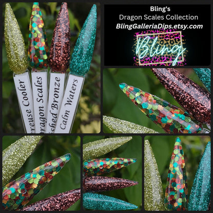 Dragon Treasures Set / Dragon Scales Glitter with Aspen, Fireside & Olive Branch Solid Dips / Acrylic Nail Dip Powder