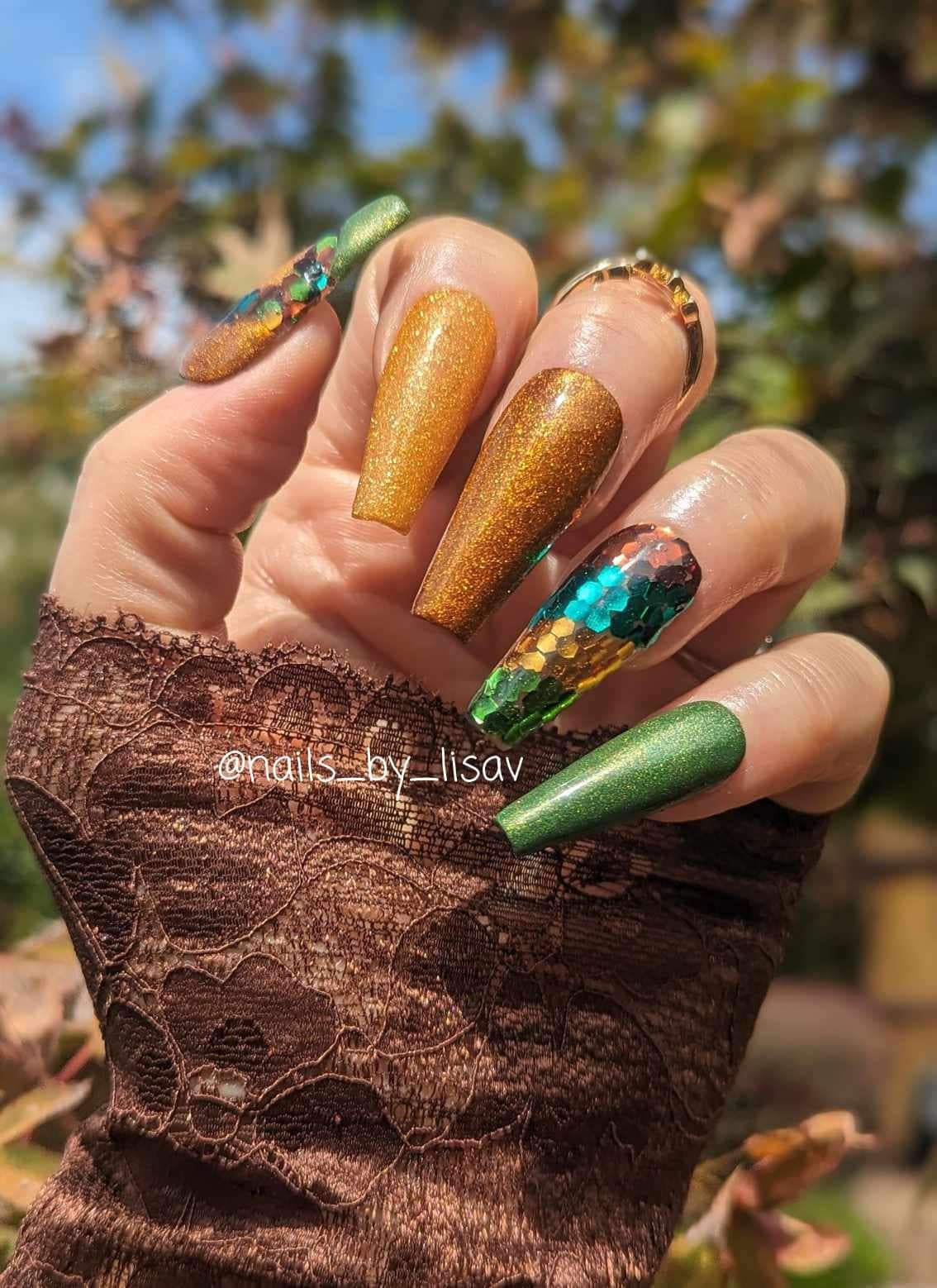 Dragon Treasures Set / Dragon Scales Glitter with Aspen, Fireside & Olive Branch Solid Dips / Acrylic Nail Dip Powder