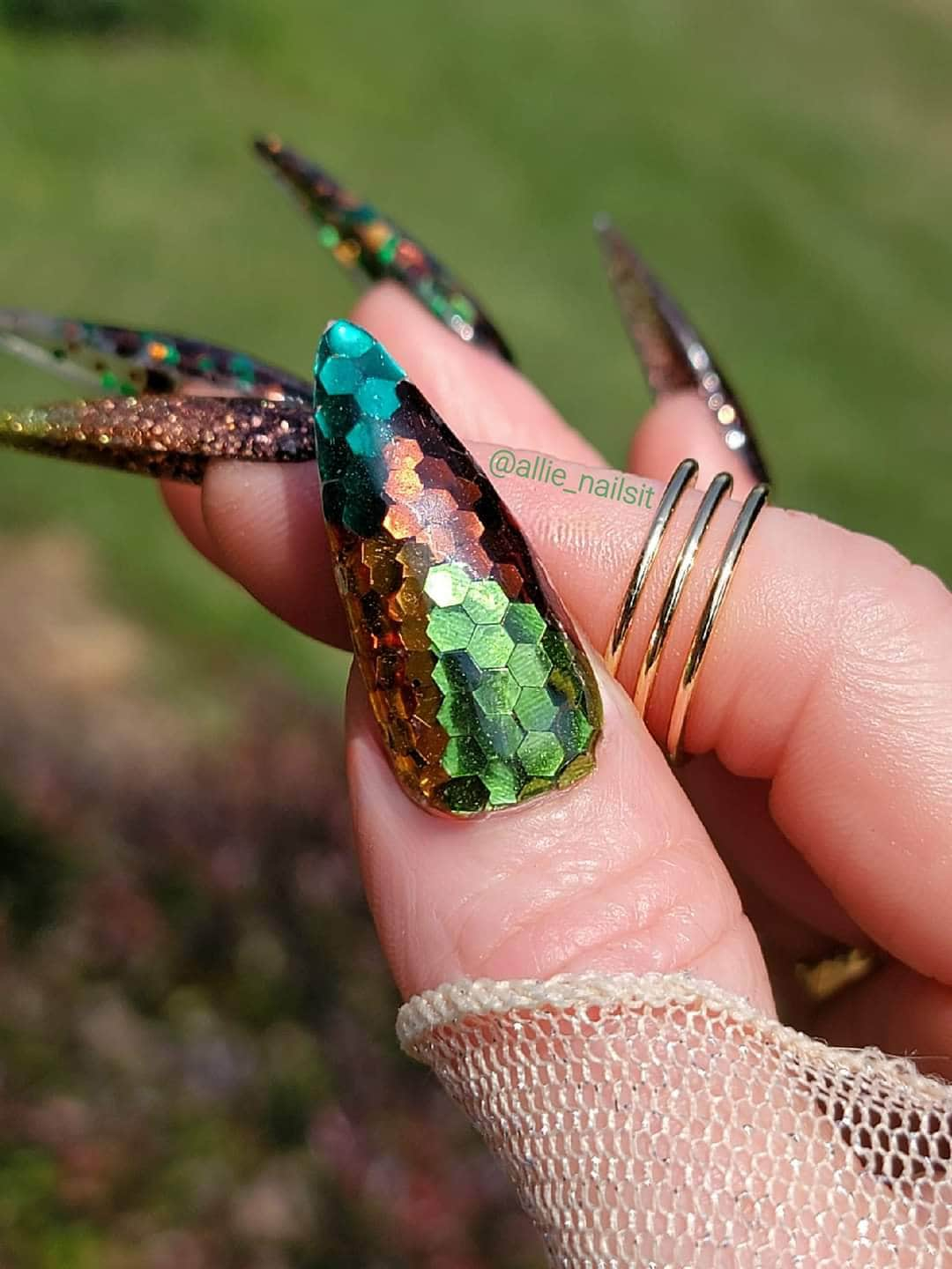 Dragon Daggers Set / Dragon Scales, Burnished Bronze, Copper Penny and Chartreuse Cooler Glitter Dips / Acrylic Nail Dip Powder