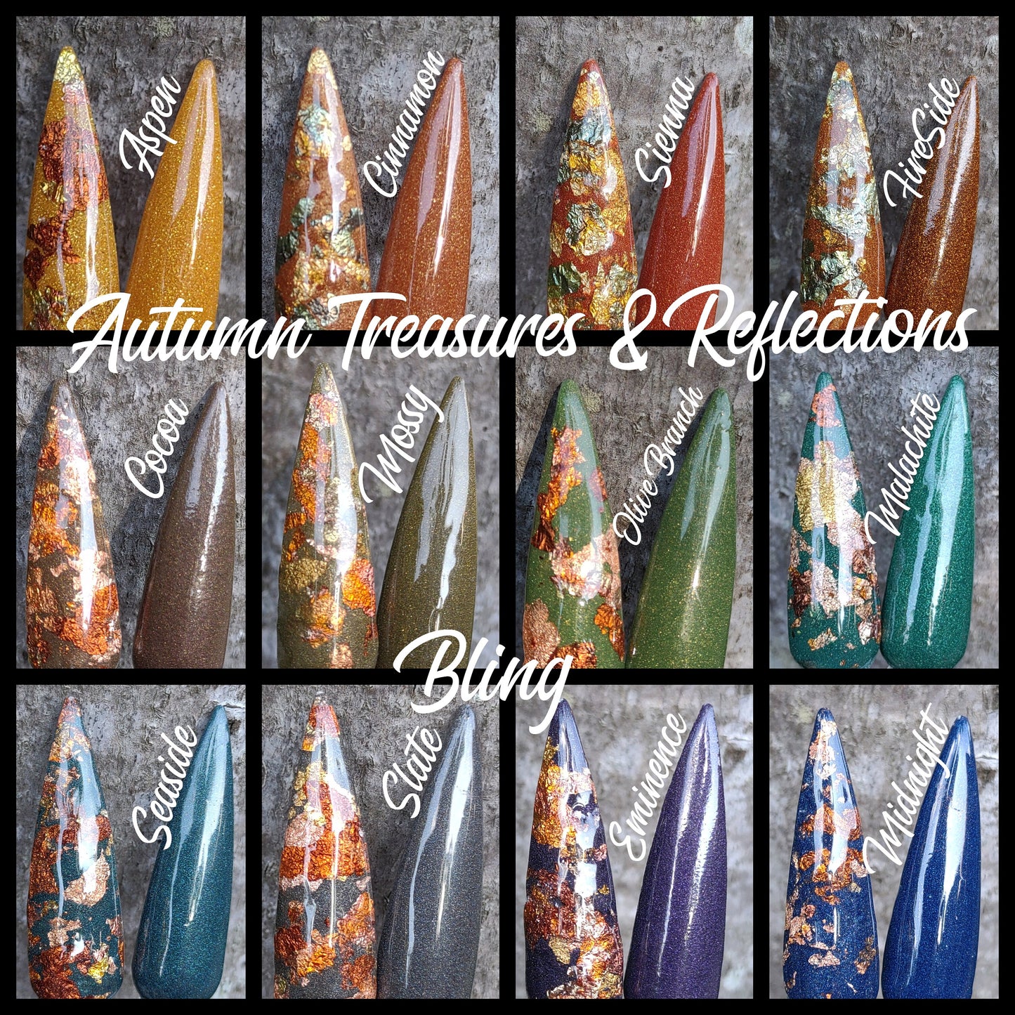 Autumn Treasures Reflections / Aspen, Cinnamon. Sienna, Fireside, Cocoa, Mossy, Olive Branch, Malachite, SeaSide, Slate, Eminence, Midnight