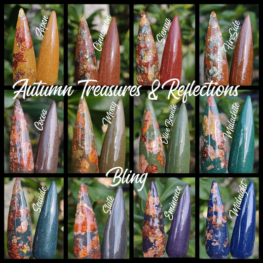 Autumn Treasures Reflections / Aspen, Cinnamon. Sienna, Fireside, Cocoa, Mossy, Olive Branch, Malachite, SeaSide, Slate, Eminence, Midnight