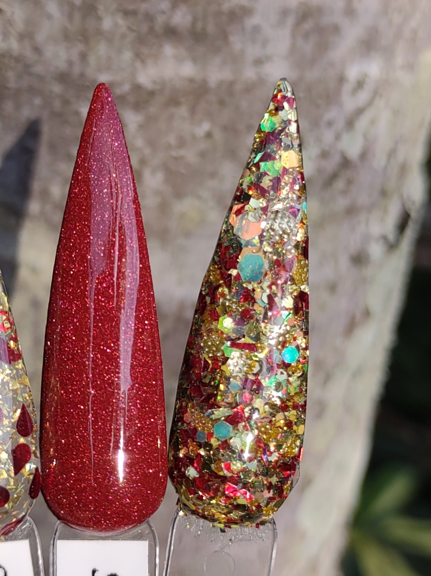 Burning Desire Set / Burning Desire Gold Glitter / Deep Blood Red Drip Glitters in Gold Flakes / Seductress Reflections / Acrylic Nail Dip