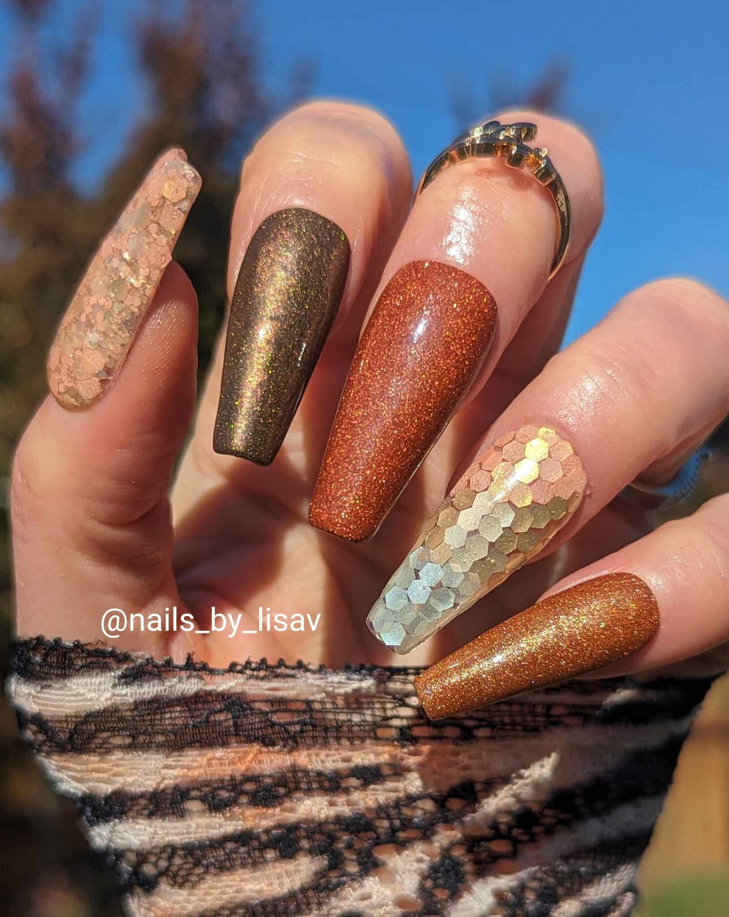 Champagne Cinnamon Set / Champagne Bubbles Glitter / Cocoa, Sienna & Cinnamon Shimmery Solids / Acrylic Nail Dip Powder