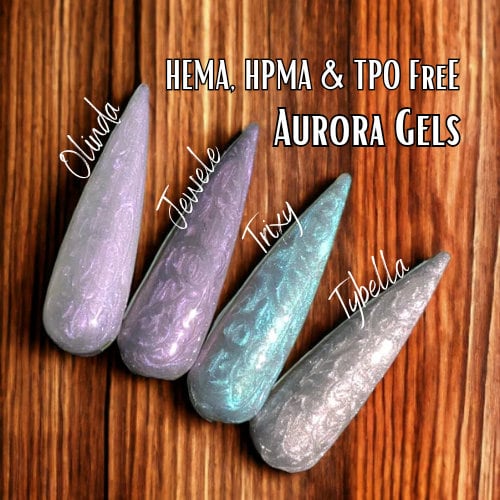 Aurora Gel in Bottle | HEMA Free UV/LED | 15ml | Soak Off | Lavender, Purple, Blue, Taupe | Olinda, Jewele, Trixy, Tybella | Gel Nails