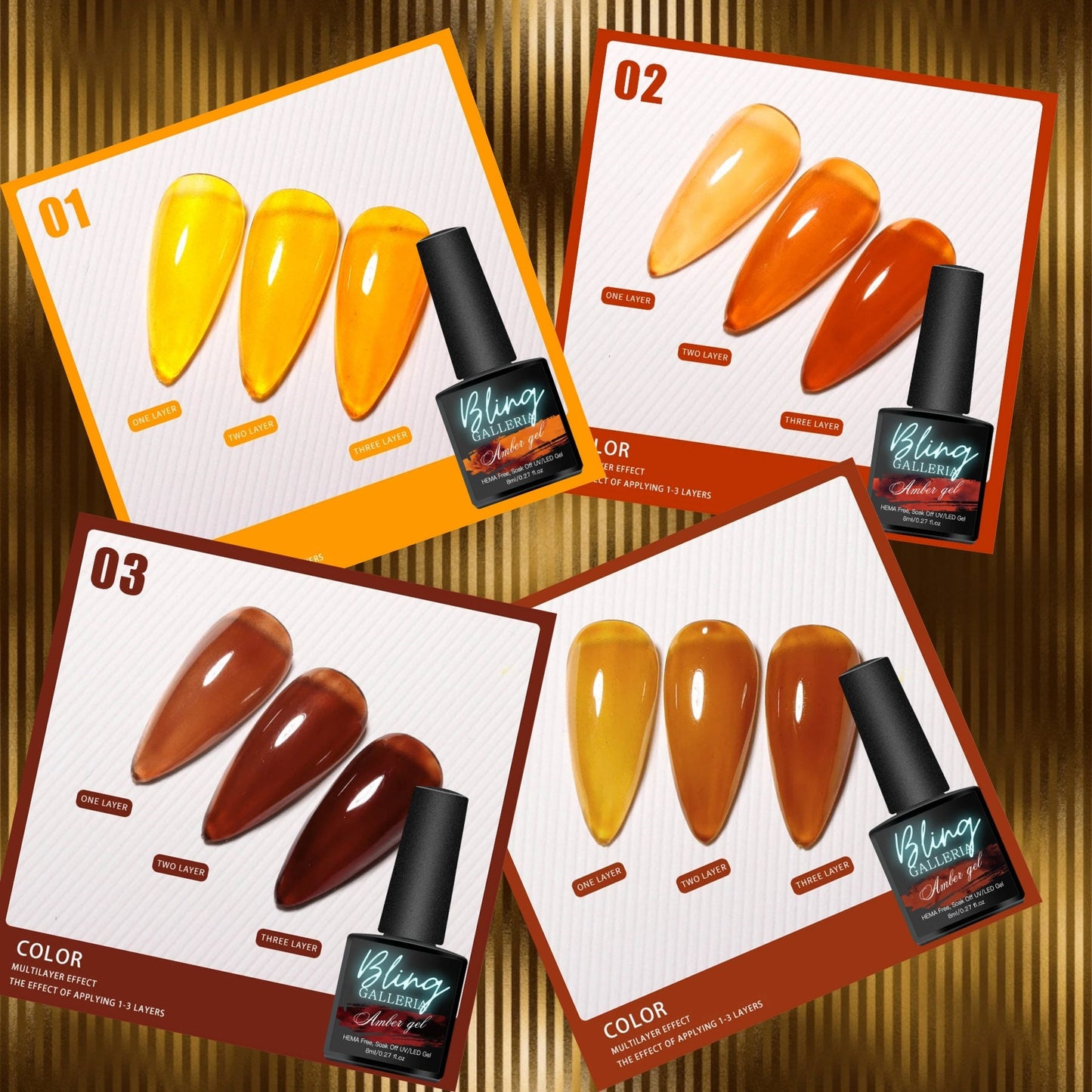 Amber Tortoiseshell Jelly Gel | Set of 4 in Bottles w/Brushes | HEMA, HPMA & TPO Free | uv/led | Soak Off | Coffee | Gel Nails