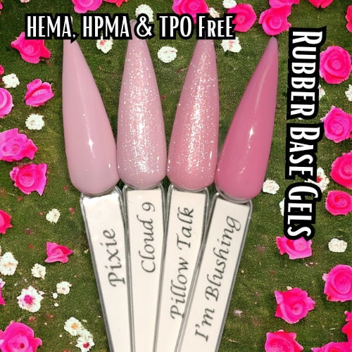 Pink Tonal Rubber Base Gels | Pixie, Cloud 9, Pillow Talk, I'm Blushing | HEMA, HPMA, TPO, 30 Free uv/led | 15ml | Soak Off | Gel Nail