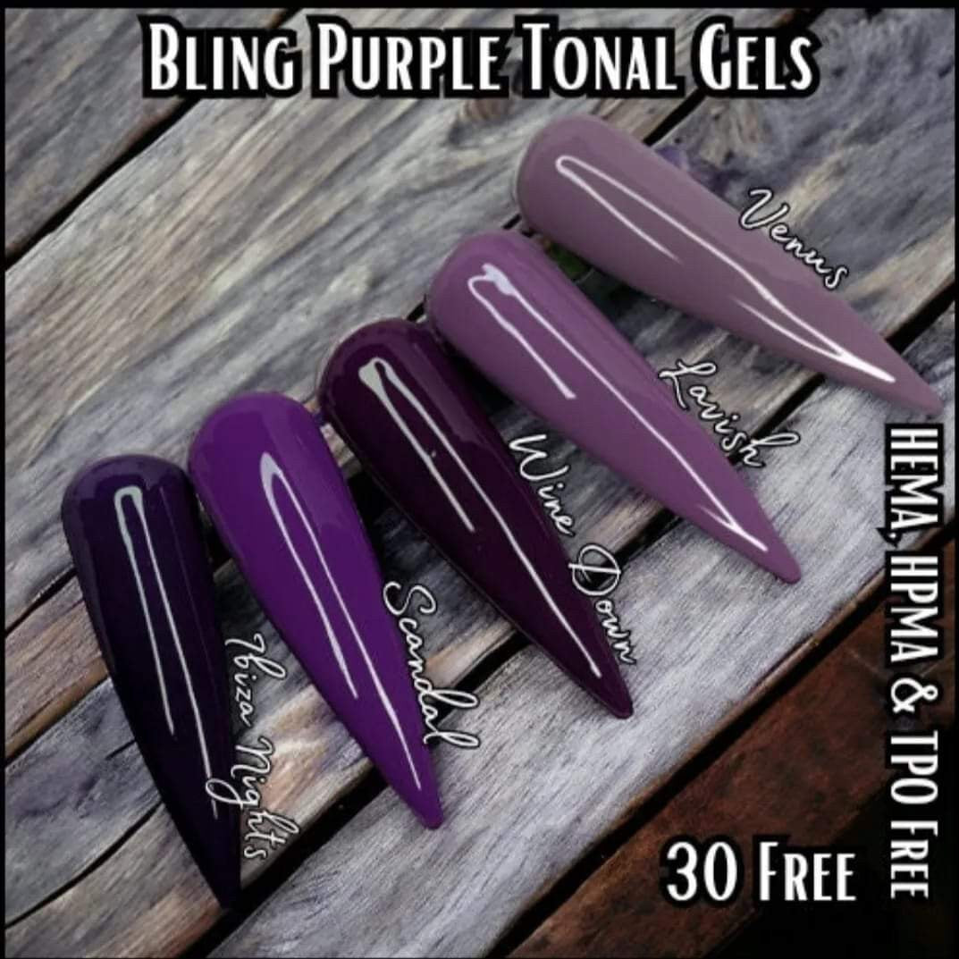 Purple Tonal Gels Mani | Venus, Lavish Lavender, Wine Down, Scandal, Ibiza Nights | HEMA, HPMA, TPO 30 Free Free uv/led | 15ml | Soak Off |