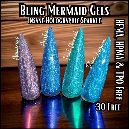 Mermaid Gels | Aquarius, Aruba, Blue Lagoon, Teal Unreal | Micro Flake Gel | 30 Free | HEMA, HPMA, TPO Free uv/led | 15ml | Soak Off |