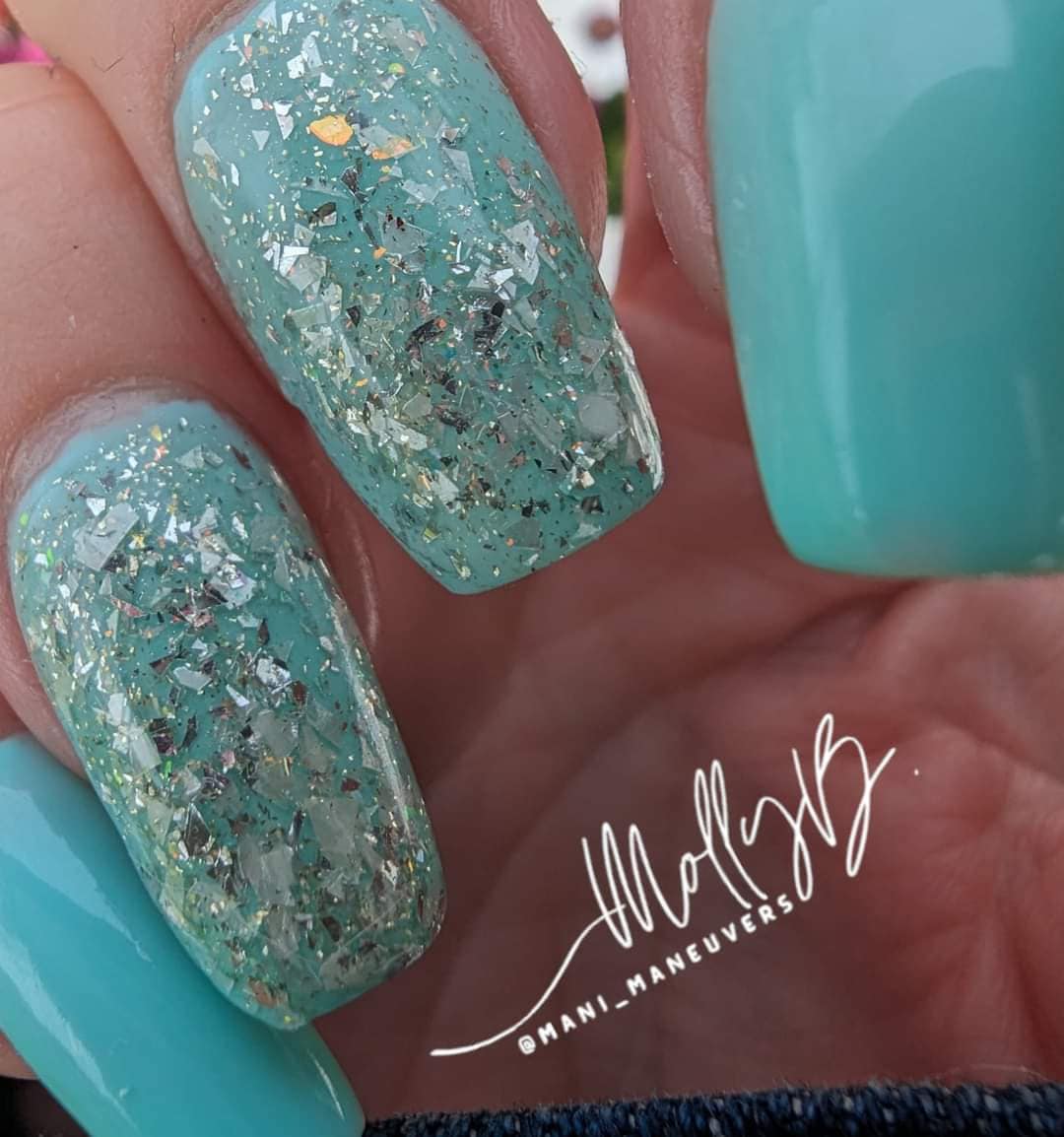 Seas The Day (Aqua) Rubber Base Gel with Glass Soul (Silver) Flake Glitter Gel Polish Overlay | HEMA, HPMA, TPO, 30 Free uv/led | 15ml