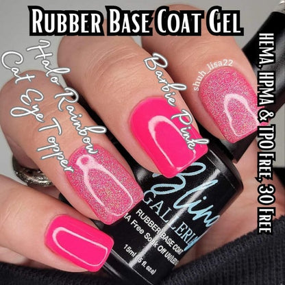 Barbie Pink Rubber Base Gel with Holographic Rainbow Cat Eye (Magnetic) Overlay | Hot Pink | HEMA, HPMA, TPO Free uv/led | 15ml | Gel Nails