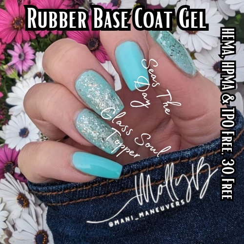 Seas The Day (Aqua) Rubber Base Gel with Glass Soul (Silver) Flake Glitter Gel Polish Overlay | HEMA, HPMA, TPO, 30 Free uv/led | 15ml