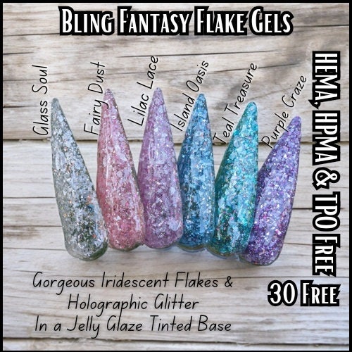 Flake Glitter Gel Polish | Glass Soul, Fairy Dust, Lilac Lace, Island Oasis, Teal Treasure, Purple Craze|HEMA,HPMA,TPO, 30 Free uv/led |15ml