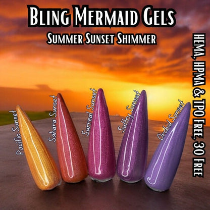 Shimmer Mermaid Mani | Summer Sunset | Pacific, Sahara, Surreal, Sultry, Orchid Sunset | HEMA, HPMA, TPO, 30 Free uv/led | 15ml | Gels