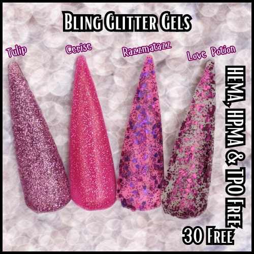 Glitter Gels | Tulip, Cerise, Razzmatazz, Love Potion | HEMA, HPMA, TPO, 30 Free uv/led | 15ml | Soak Off |