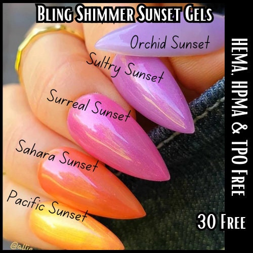 Shimmer Mermaid Mani | Summer Sunset | Pacific, Sahara, Surreal, Sultry, Orchid Sunset | HEMA, HPMA, TPO, 30 Free uv/led | 15ml | Gels