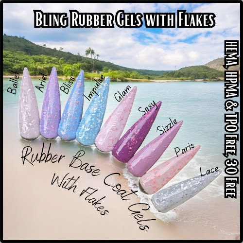 Rubber Base Gels with Flakes | Ballet, Ariel, Impulse, Glam, Sexy, Sizzle, Paris, Lace | HEMA, HPMA, TPO, 30 Free uv/led | 15ml | Soak Off |