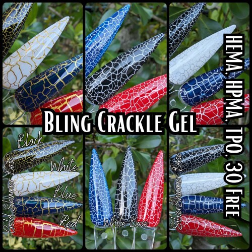 Crackle Gels | White, Black, Red, Blue | Shimmer Gold, Silver Base | White Base | HEMA, HPMA, TPO, 30 Free uv/led | 15ml | Soak Off |