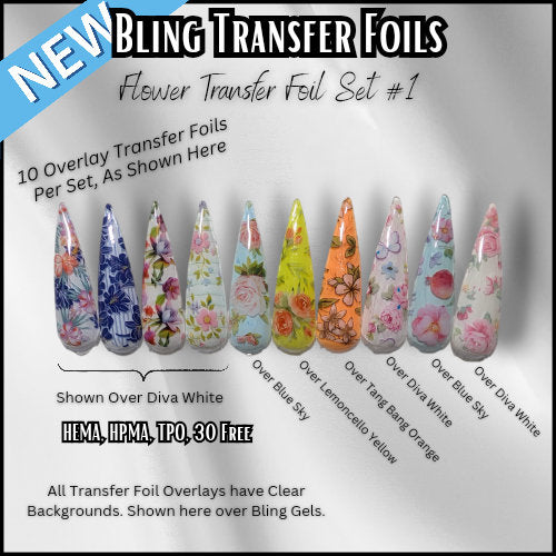 Flower Transfer Foil Overlay Set #1 | Floral Watercolor Accent Nails or Entire Mani | Apply Over Transfer Gel | 10 Strips 40in x1.5in each |