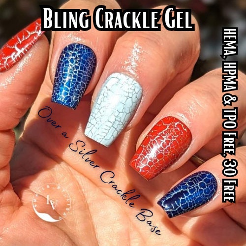 Crackle Gels | Red, White and Blue | Shimmer Silver Base | HEMA, HPMA, TPO, 30 Free uv/led | 15ml | Soak Off |