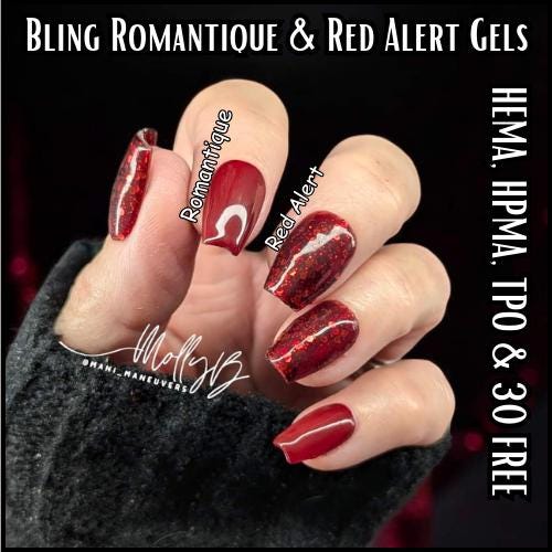 Romantique Red Alert Mani Dark Red Solid and Red Glitter Gels | HEMA HPMA TPO Free uv/led | 15ml | Gel Nails