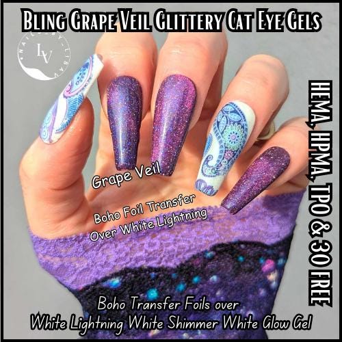 Grape Veil Glow Boho Mani | Grape Veil Glittery Cat Eye | White Lightning Glow Gel | Boho Transfer Foil Set | HEMA, HPMA, TPO Free uv/led |