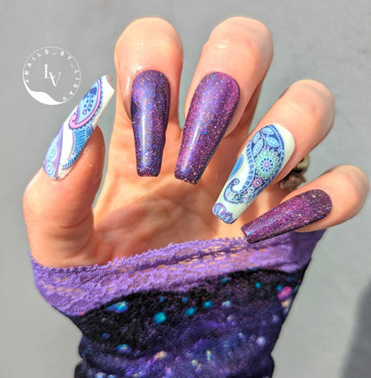 Grape Veil Glow Boho Mani | Grape Veil Glittery Cat Eye | White Lightning Glow Gel | Boho Transfer Foil Set | HEMA, HPMA, TPO Free uv/led |