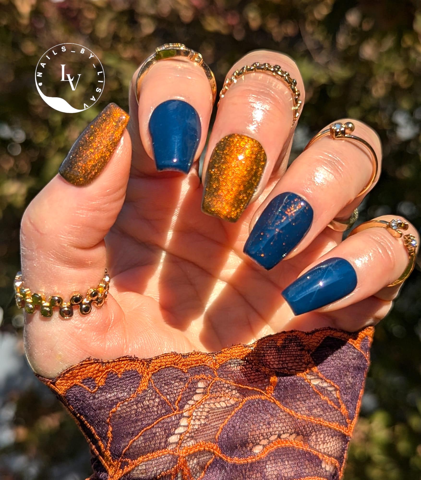 Tiger Eye 10D Cat Eye + Under The Stars Navy Gel Mani | Tiger Eye - Copper Shimmery Cat Eye | HEMA HPMA TPO 30 Free uv/led | 15ml | Gel Nail