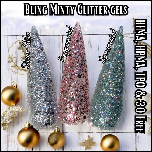 Holiday Glitter Gel Mani | Spearmint and Ruby Slippers Holographic Glitter Gels | Silver Glitz Glitter Gel |HEMA HPMA TPO Free uv/led | 15ml