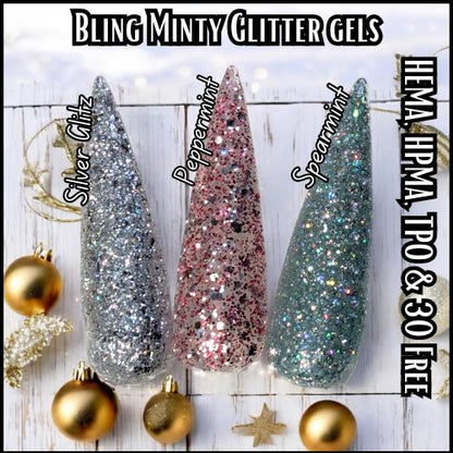 Holiday Glitter Gel Mani | Spearmint and Ruby Slippers Holographic Glitter Gels | Silver Glitz Glitter Gel |HEMA HPMA TPO Free uv/led | 15ml