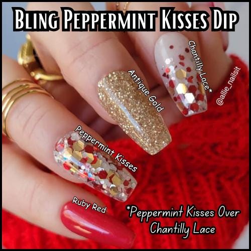 Peppermint Kisses Red Ruby Trio 2 | Red & White Flakes, Shards | White Pearl Glow Powder | Acrylic Nail Dip Powder