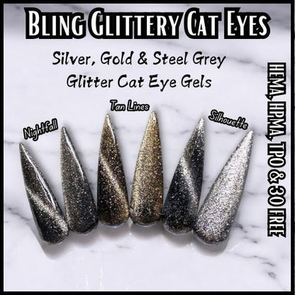 Nightfall Glittery Cat Eye | Dark Grey | HEMA, HPMA, TPO, 30 Free uv/led | 15ml | Soak Off |