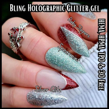 Holiday Glitter Gel Mani | Spearmint and Ruby Slippers Holographic Glitter Gels | Silver Glitz Glitter Gel |HEMA HPMA TPO Free uv/led | 15ml