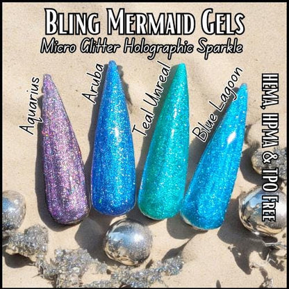 Blue Lagoon | Mermaid Gels | Sparkly Micro Flake Glitter Gel | 30 Free | HEMA, HPMA, TPO Free uv/led | 15ml | Soak Off |