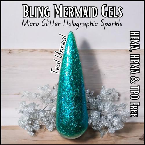 Teal Unreal | Mermaid Gels | Sparkly Micro Flake Glitter Gel | 30 Free | HEMA, HPMA, TPO Free uv/led | 15ml | Soak Off |