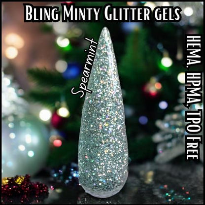 Spearmint Glitter Gels | Minty Glitter Gels | HEMA, HPMA, TPO, 30 Free uv/led |