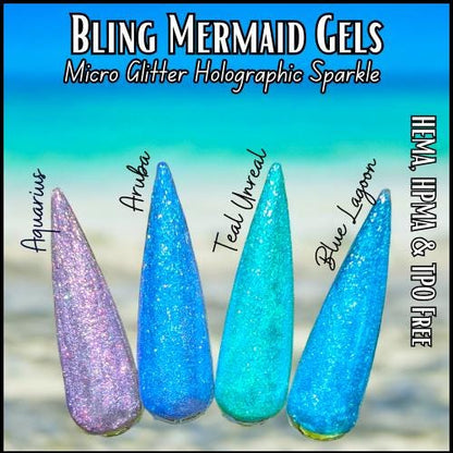 Blue Lagoon | Mermaid Gels | Sparkly Micro Flake Glitter Gel | 30 Free | HEMA, HPMA, TPO Free uv/led | 15ml | Soak Off |