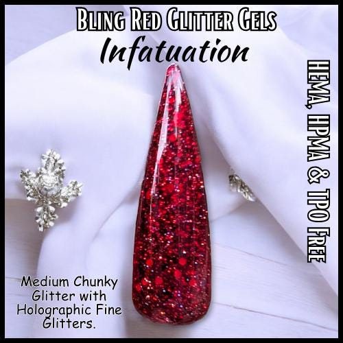 Infatuated Red Glitter Gel | Dark Red Medium chunky Glitter with Holographic Fine Glitters | HEMA, HPMA, TPO Free uv/led | 15ml | Gel Nails