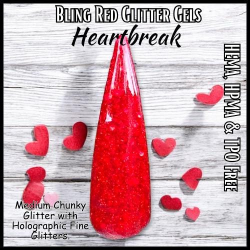 Heartbreak Red Glitter Gel | Bright Red Mix of Glitters | HEMA, HPMA, TPO Free uv/led | 15ml | Gel Nails